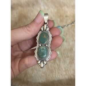 Native 925 Sterling Silver Double Stone Hardy Pit Green Turquoise Pendant